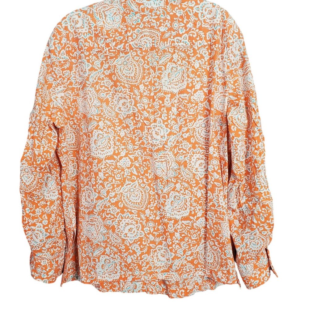 JNY Signature Sz XL Blouse Button Front Floral Roll Tab Cotton Side Vents Orange - Picture 6 of 14